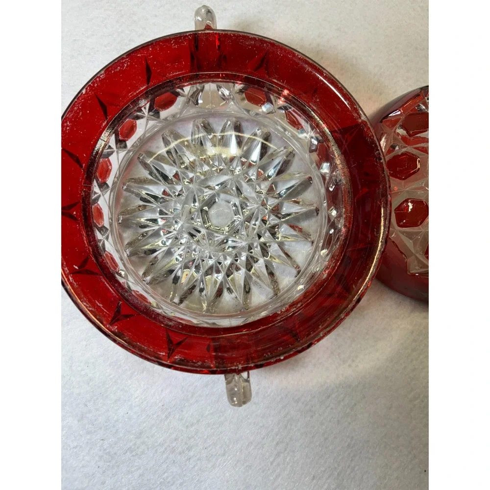 Ruby Stained Pressed Glass Covered Dish Vintage Two Handle Geometric Pattern